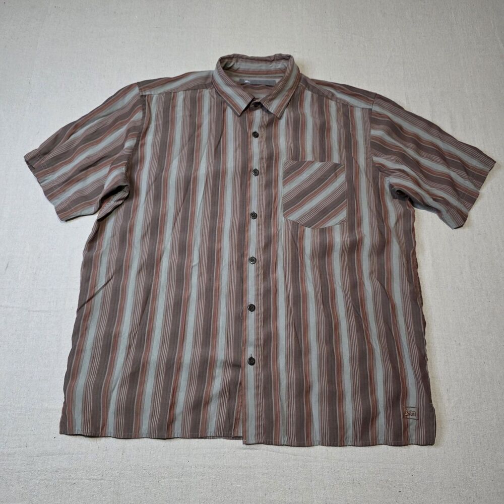 REI Mens Short Sleeve Button-Up Camp Shirt Size Large Grey/Brown Vertical Stripe